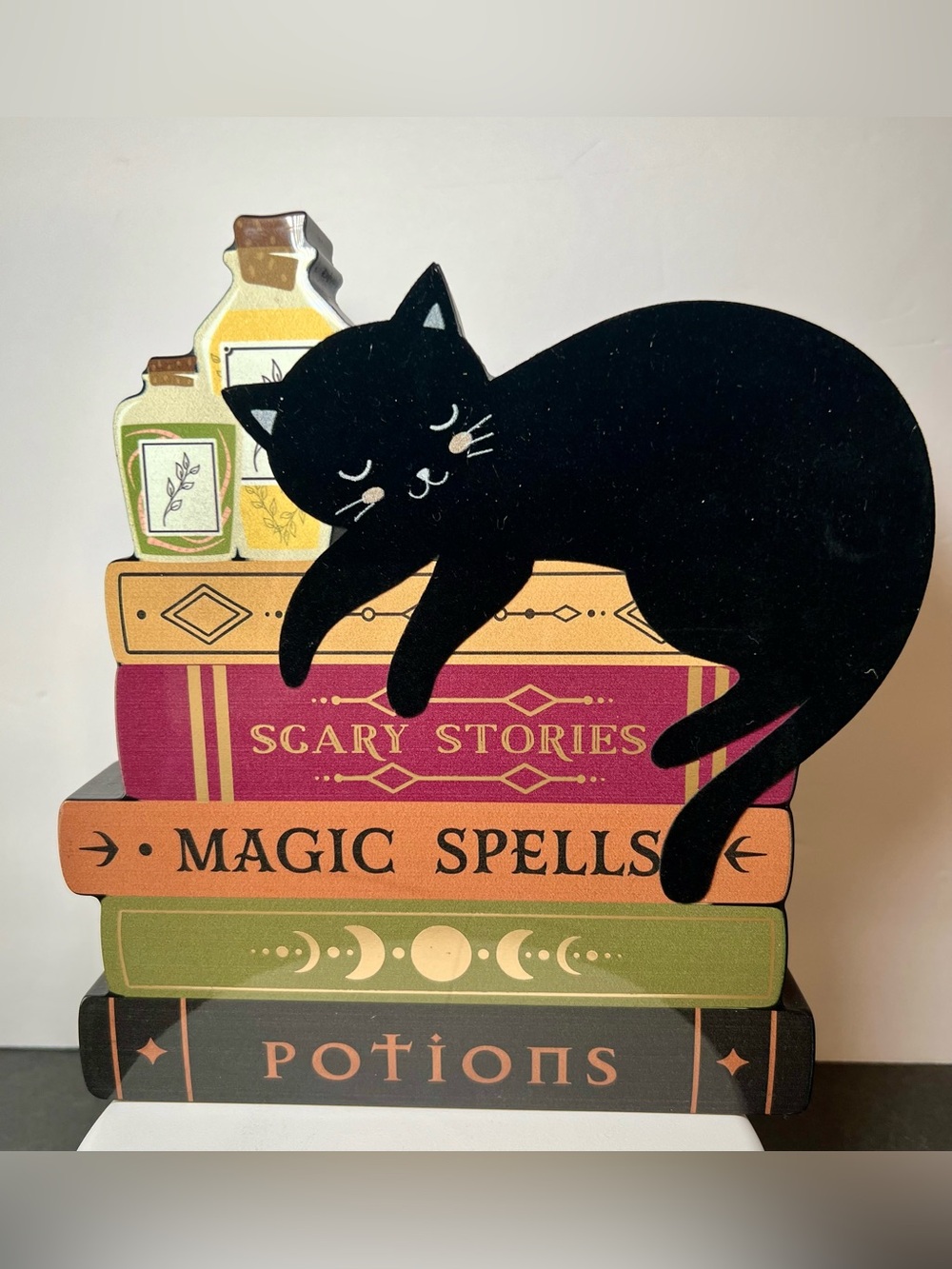 Flocked Black Cat on Stacked Halloween Books Wooden Shelf Sign Scary Stories